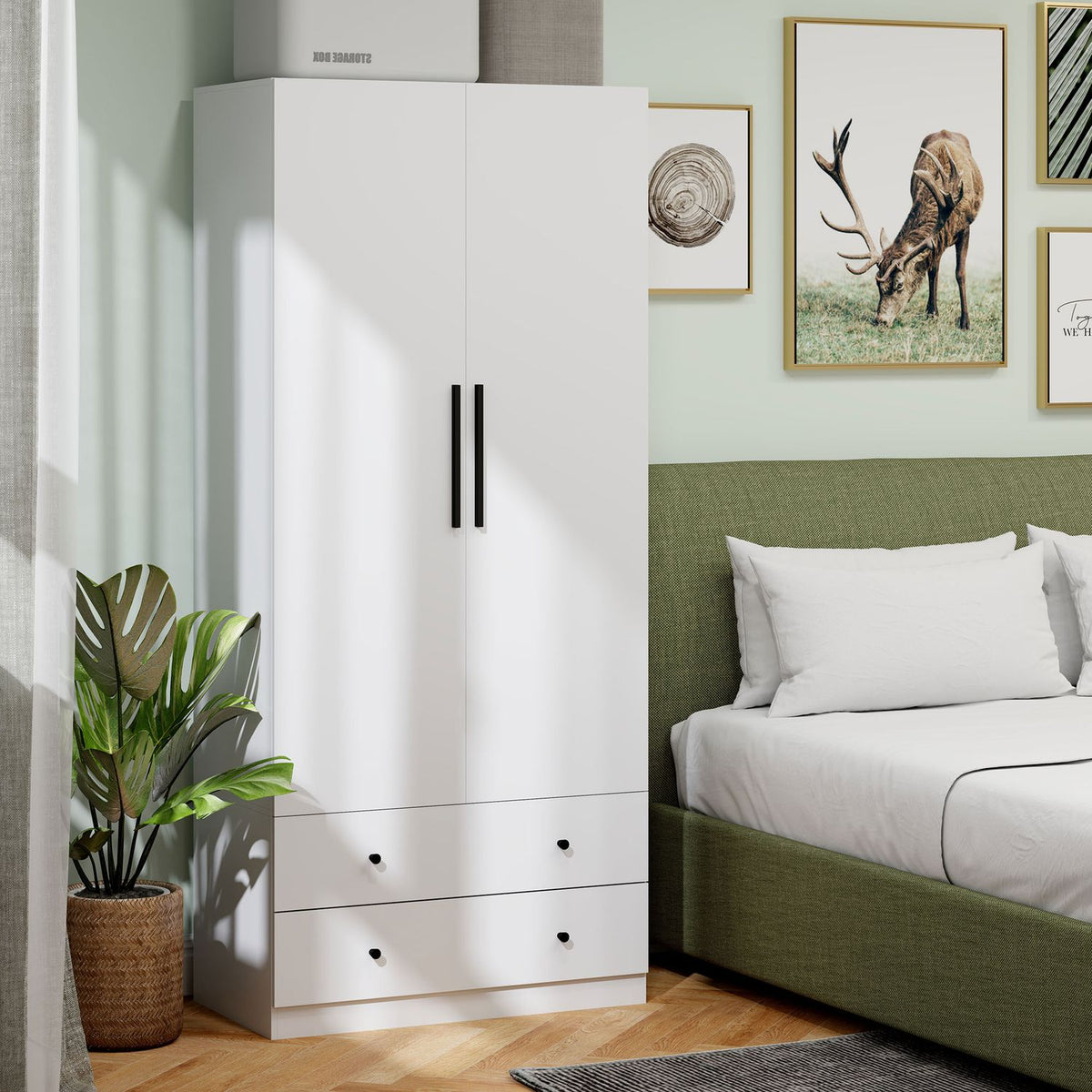 Wardrobe, multi-purpose cupboard, 2 doors with clothes rail and 2 drawers, wardrobe for bedroom, 79 x 43 x 180 cm, white
