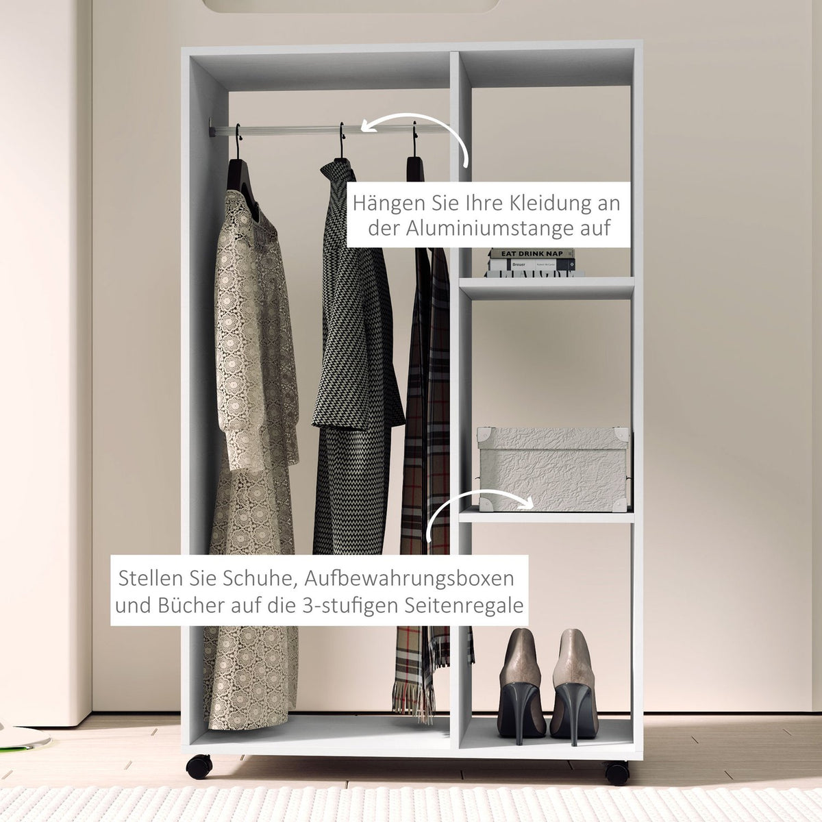 Wardrobe on Wheels, Mobile Wardrobe, 1 Clothes Rail, 3 Shelves, Wardrobe, Rolling Clothes Rack for Hallway, Bedroom, 80 x 40 x 128 cm, White
