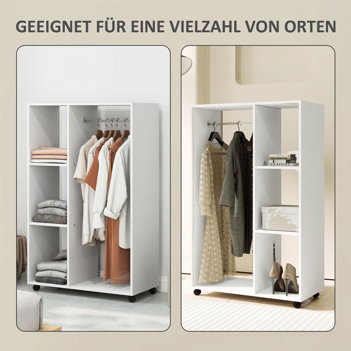 Wardrobe on Wheels, Mobile Wardrobe, 1 Clothes Rail, 3 Shelves, Wardrobe, Rolling Clothes Rack for Hallway, Bedroom, 80 x 40 x 128 cm, White