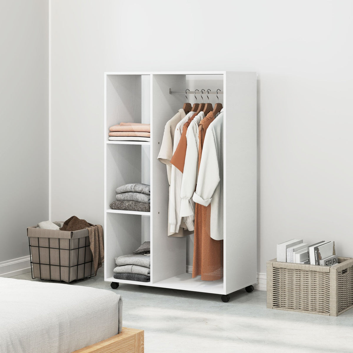 Wardrobe on Wheels, Mobile Wardrobe, 1 Clothes Rail, 3 Shelves, Wardrobe, Rolling Clothes Rack for Hallway, Bedroom, 80 x 40 x 128 cm, White