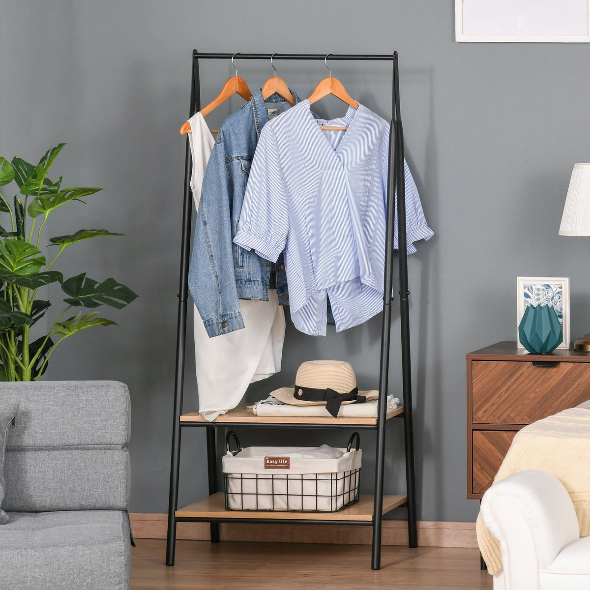 Wardrobe rack clothes rack clothes rail with shoe rack clothes rack metal + wood black + natural 64 x 42.5 x 149 cm