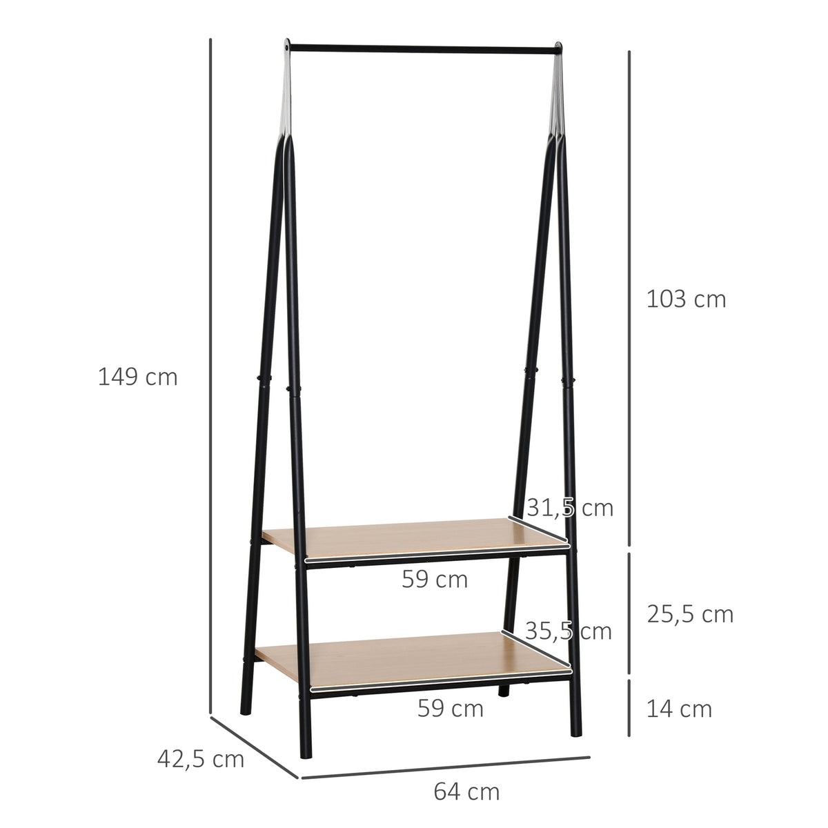 Wardrobe rack clothes rack clothes rail with shoe rack clothes rack metal + wood black + natural 64 x 42.5 x 149 cm