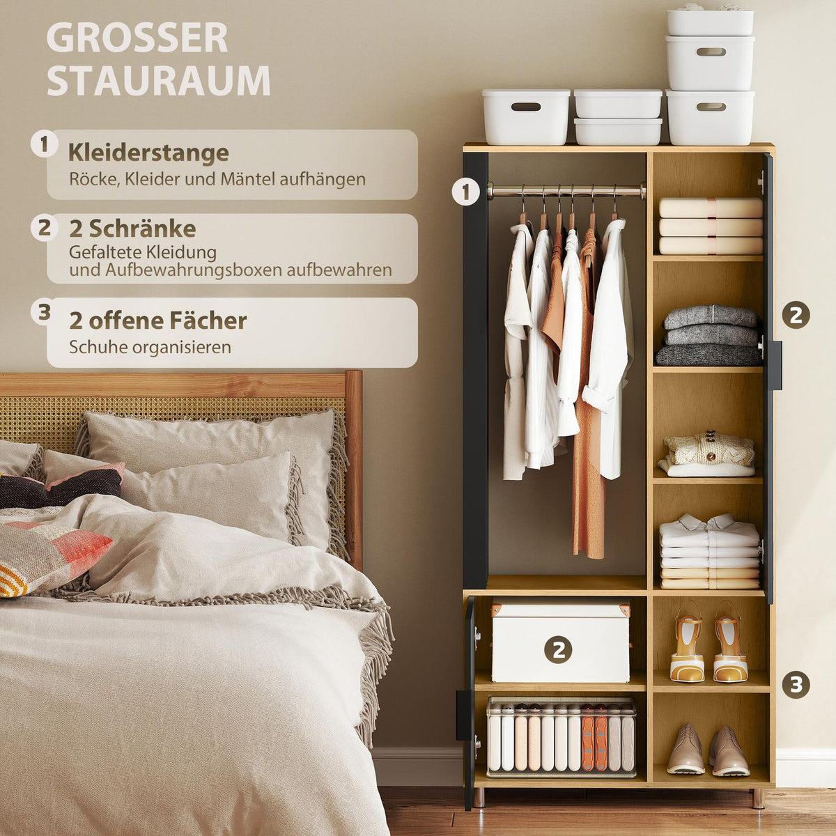 Wardrobe with Mirror, Hanging Rail, Natural Wood, Black