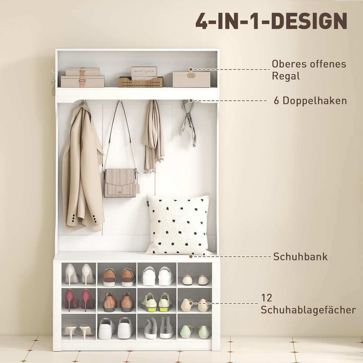 Wardrobe with Shelf, Bench, Hooks, Shoe Compartments, White