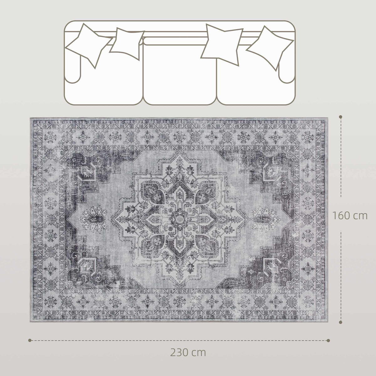 Washable Non-Slip Flannel Rug, 230x160cm, Gray