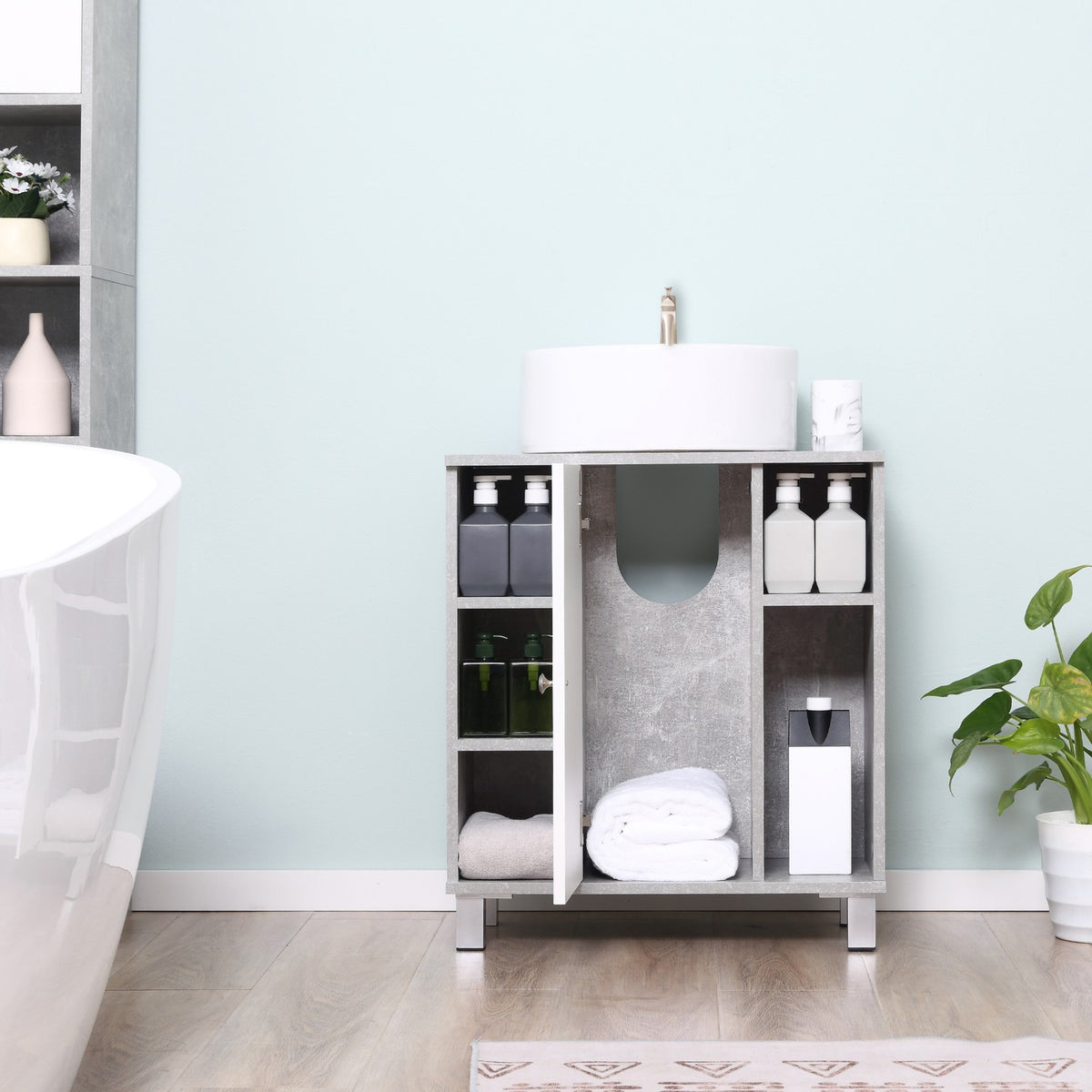 Washbasin Base Cabinet Bathroom Cabinet Gray + White Vanity Unit Adjustable Shelves U-Shaped Chipboard