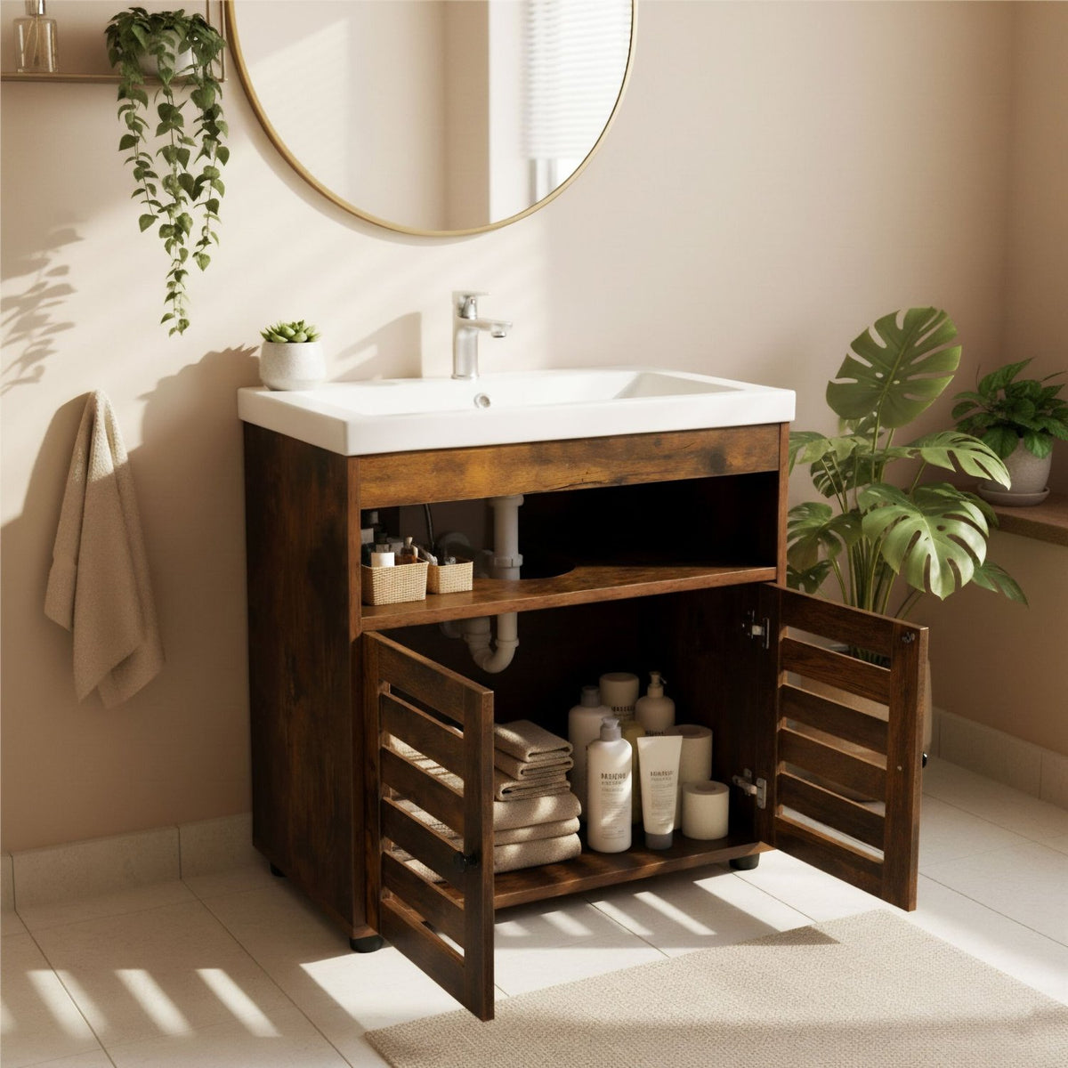 Washbasin Cabinet with Slatted Doors – Under-Sink Storage