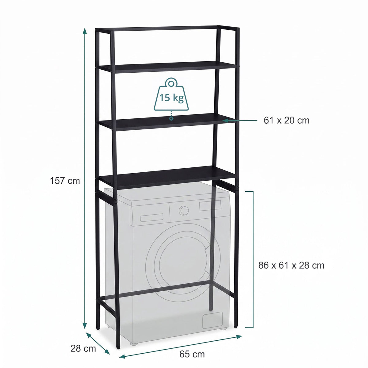 Washing Machine Over-Shelf, 3-Tier Storage Unit, Black