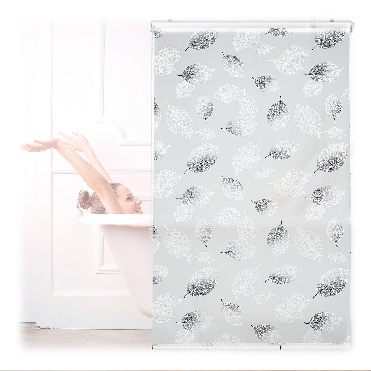Water-Repellent Grey Leaf Roller Blind for Bathroom