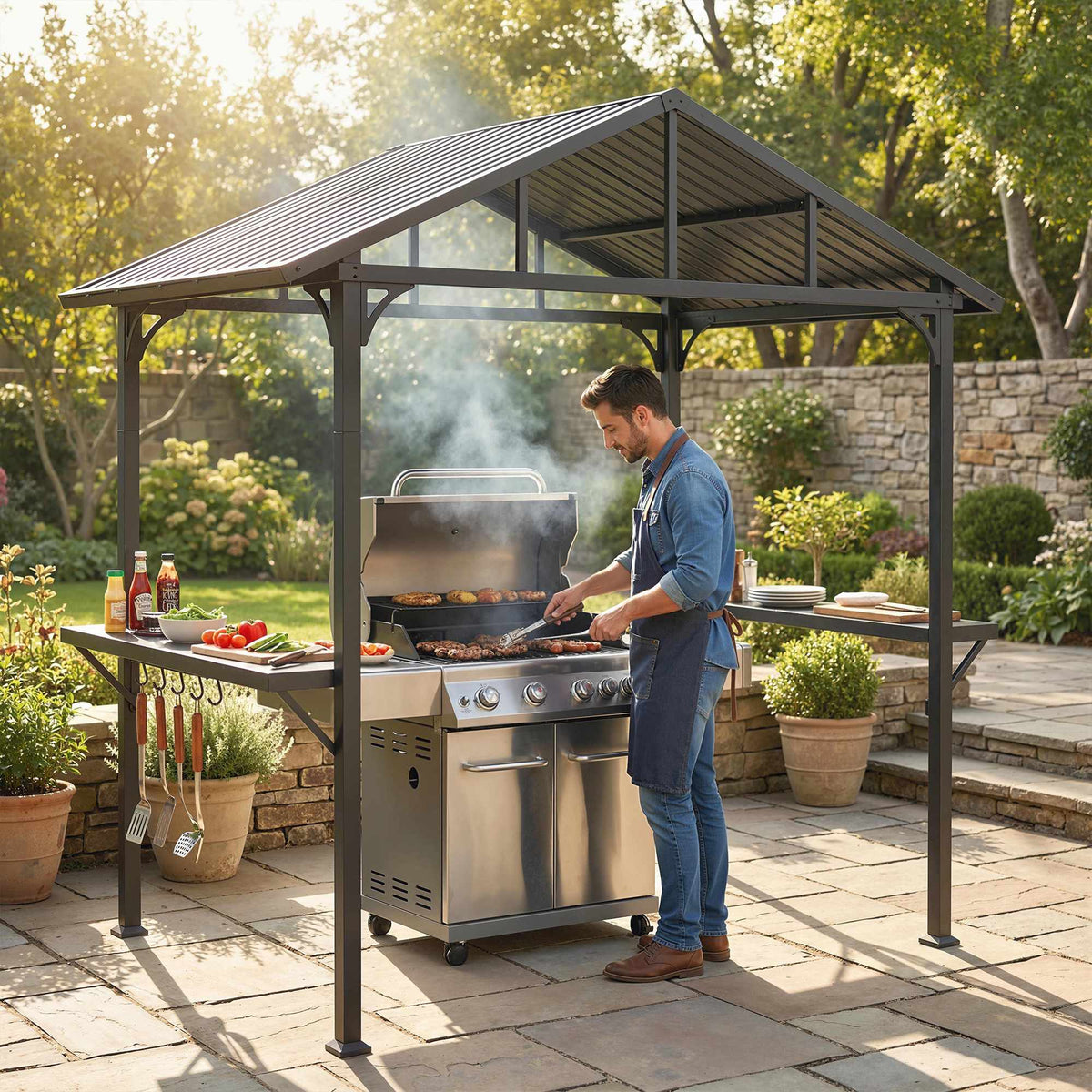 Waterproof Grill Pavilion with Steel Frame and Shelves