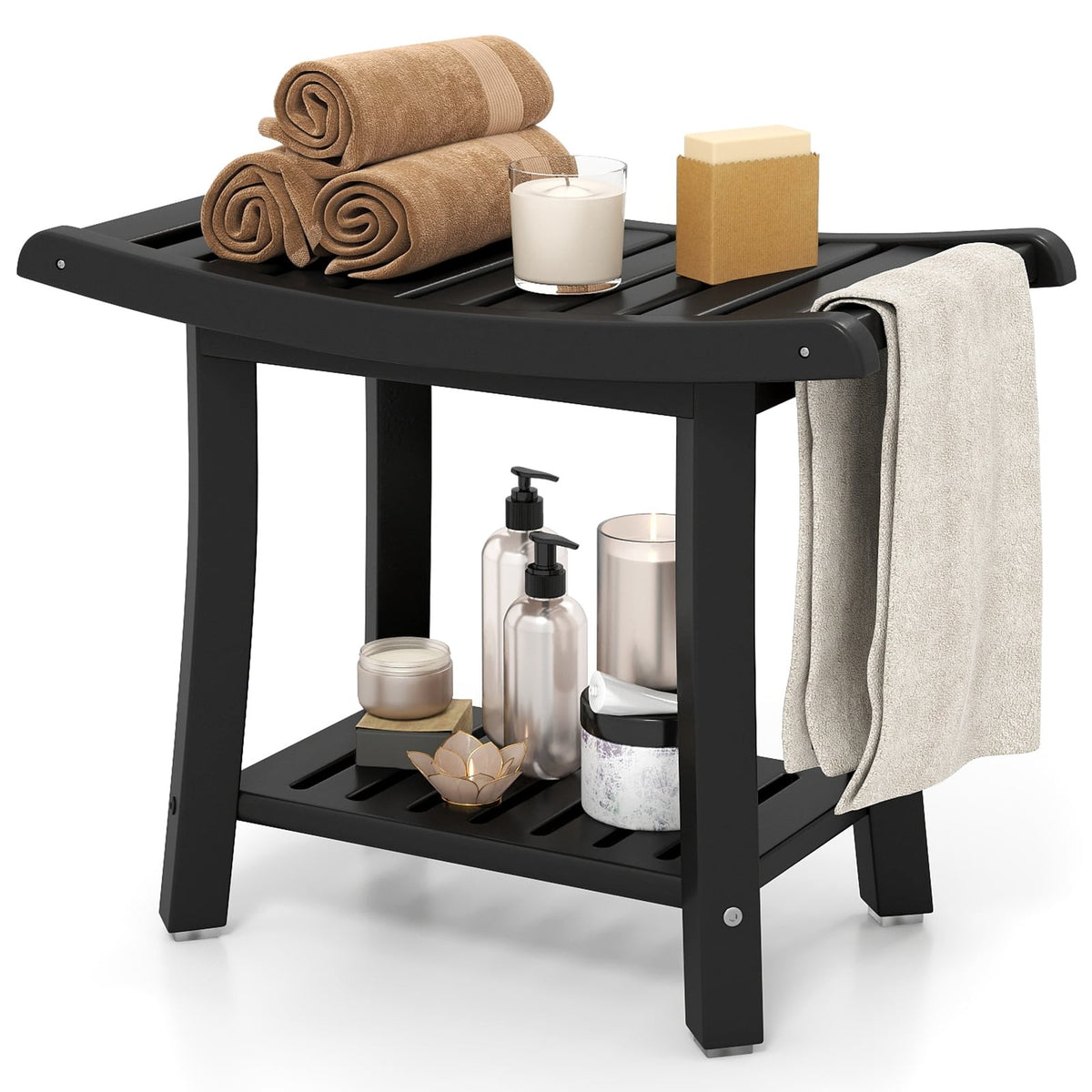 Waterproof Shower Bench, Curved Seat, Black, 2-Tier Storage