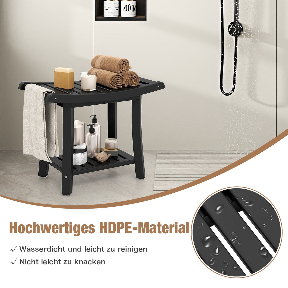 Waterproof Shower Bench, Curved Seat, Black, 2-Tier Storage