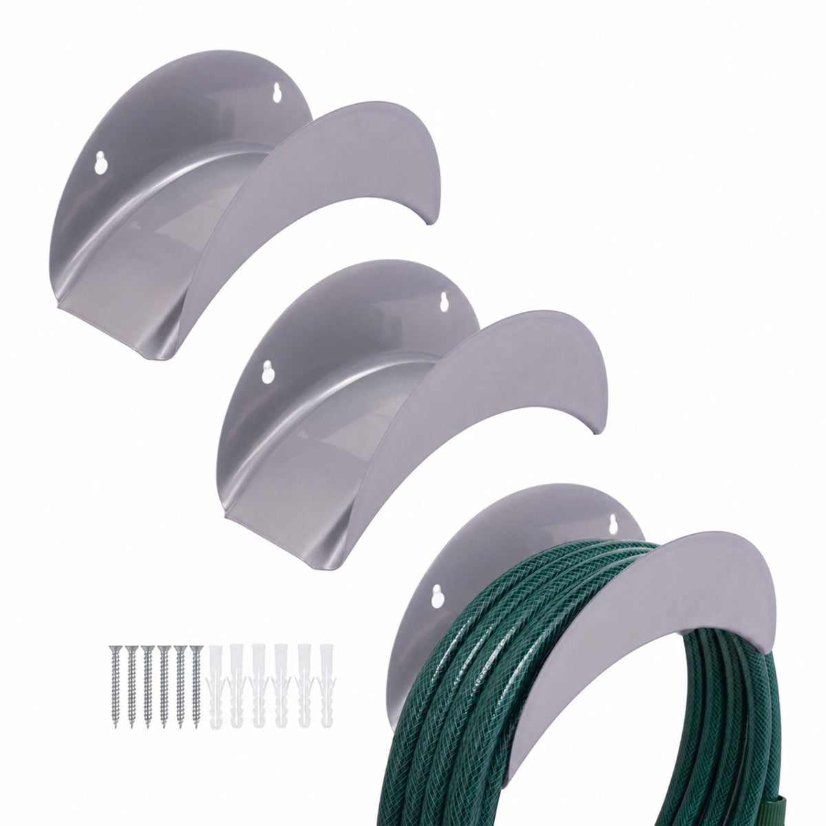 Weatherproof Iron Hose Holder Set, 3 Pack, Silver
