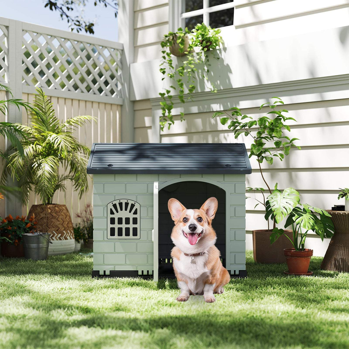 Weatherproof Plastic Dog House with Lockable Door