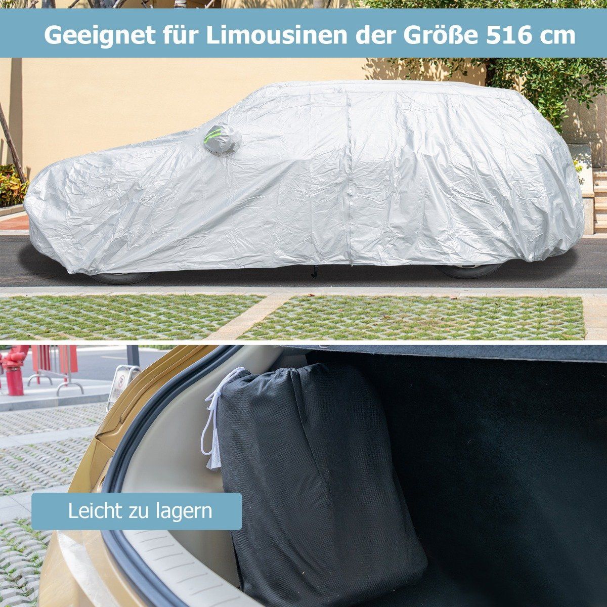 Weatherproof Vehicle Tarpaulin Car Cover with Zip Door 516 x 191 x 164 cm Silver