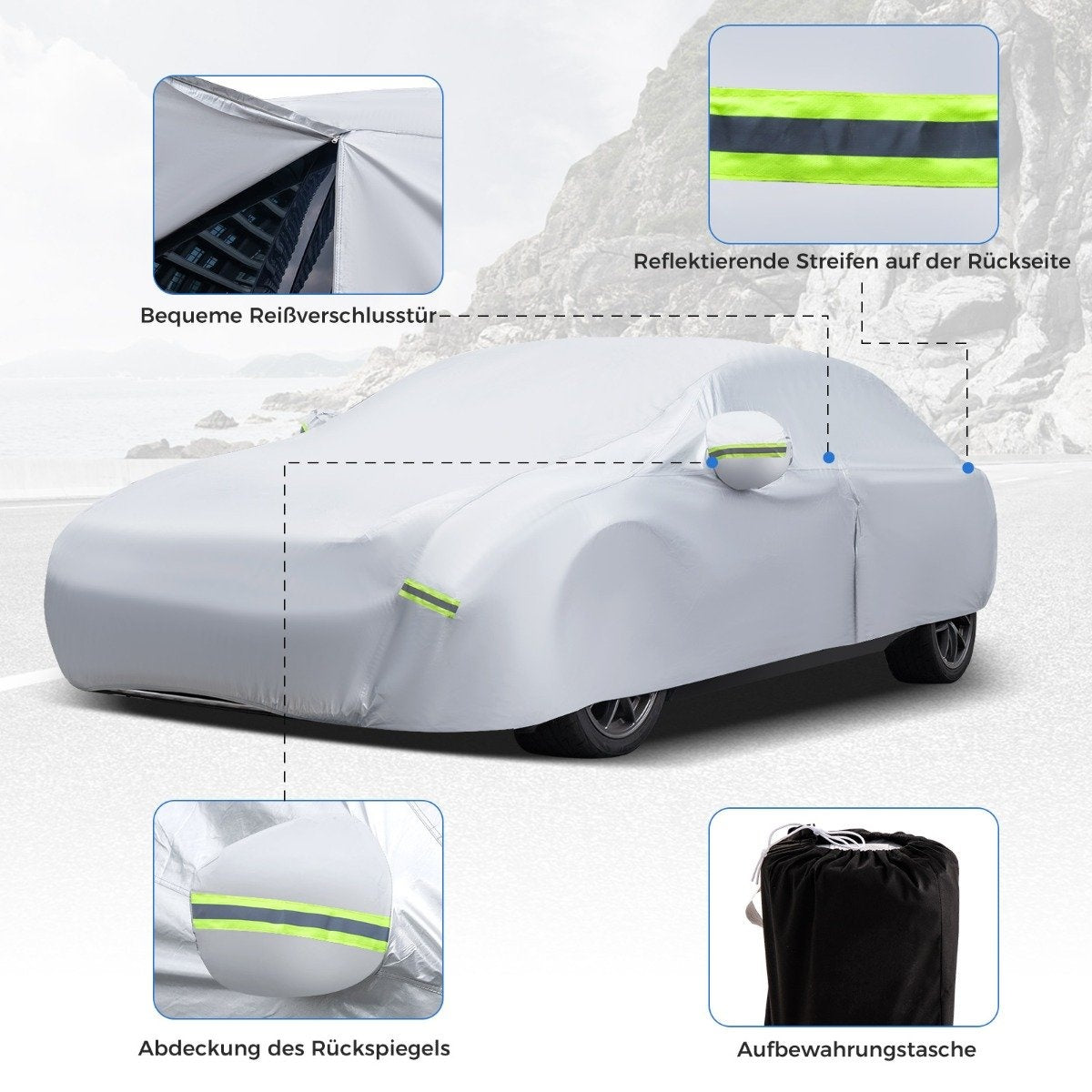 Weatherproof tarpaulin for vehicles car cover with zip door 431 x 160 x 115 cm silver