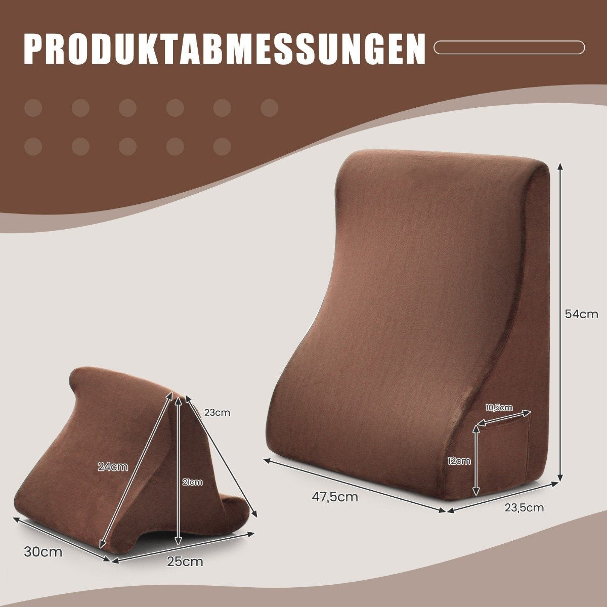Wedge pillow set ergonomic back pillow with side pockets and washable cover support pillow for neck 47.5 x 23.5 x 54 cm brown