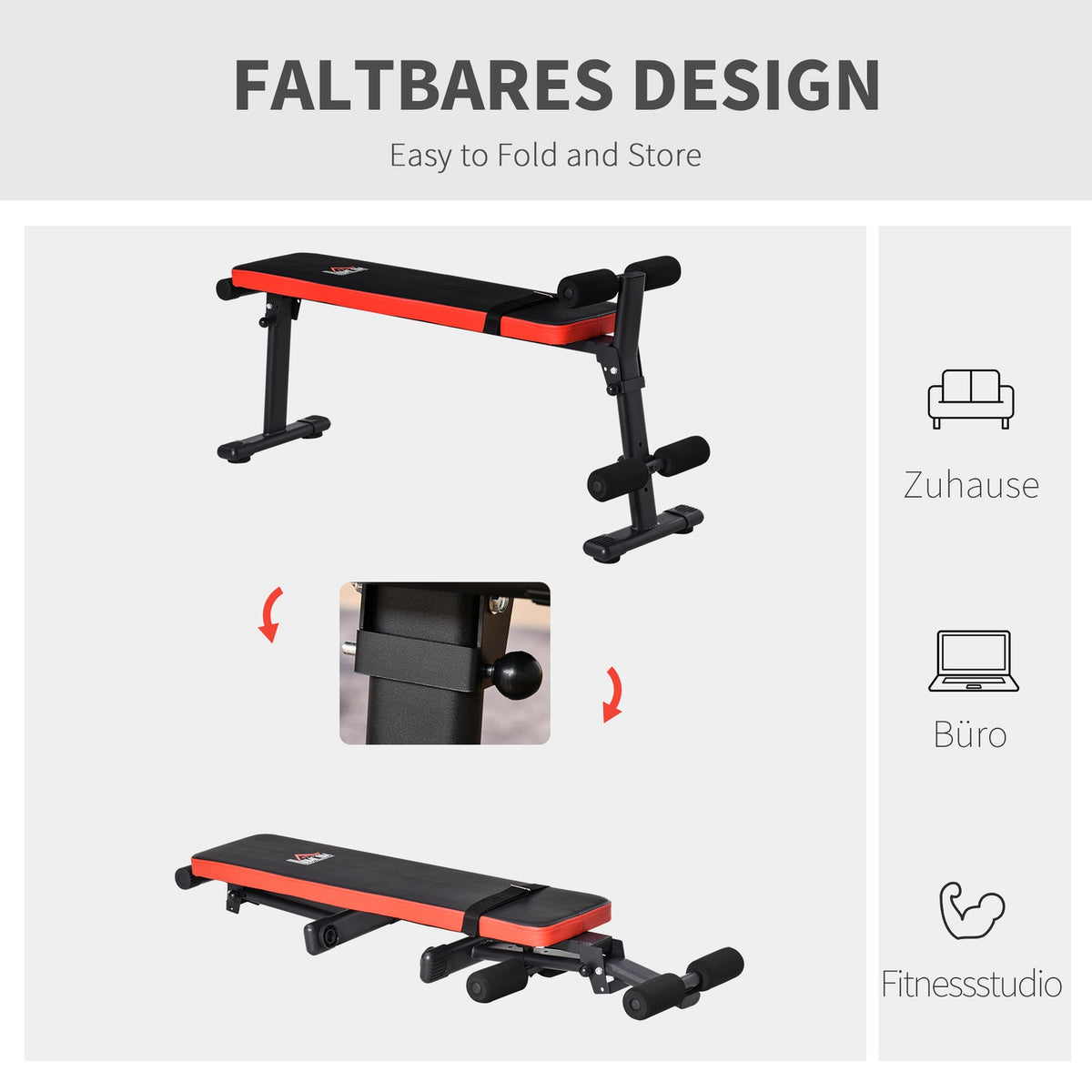 Weight Bench Multifunctional Training Bench, Foldable, 110Kg Load Capacity, Steel, Black+Red, 125X35X60Cm