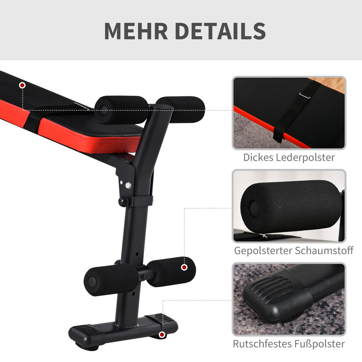 Weight Bench Multifunctional Training Bench, Foldable, 110Kg Load Capacity, Steel, Black+Red, 125X35X60Cm