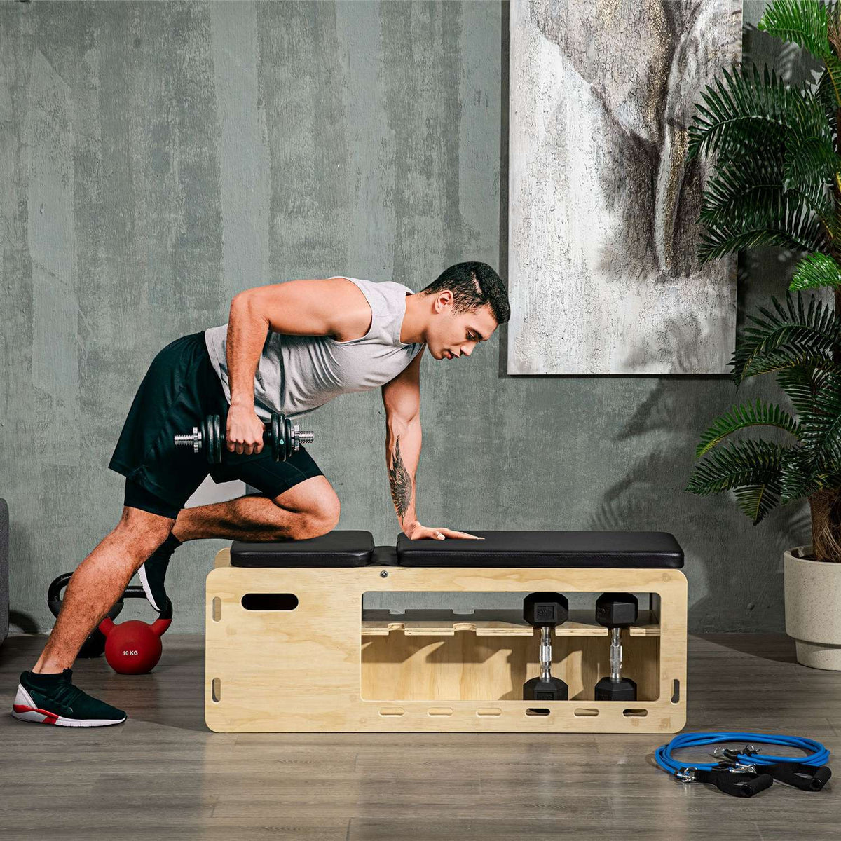 Weight Bench, Training Bench With Storage Box And Resistance Bands, Adjustable Fitness Bench For Weight Lifting, Strength Training, Solid Wood