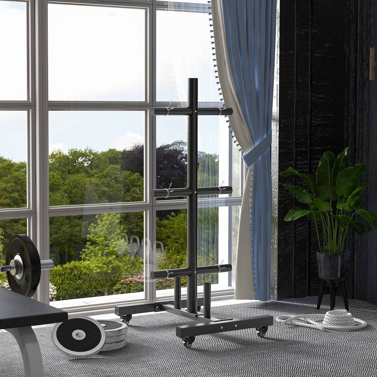 Weight Plate Stand, Weight Stand With Wheels And 6 Bars, 50 Mm Disc Holder, Up To 200 Kg, Steel, Black