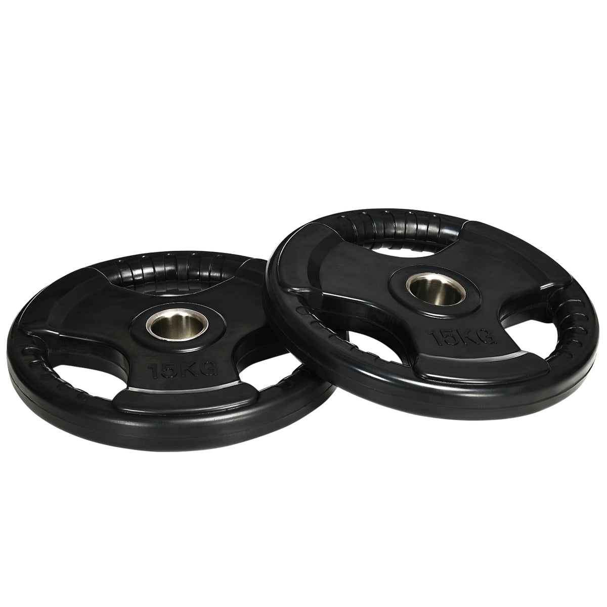 Weight Plates Set Of 2 Tri-Grip 2 X 15 Kg Rubberized Olympic Plates, Floor-Friendly, 5 Cm Bore, Three Handles, Strength Training