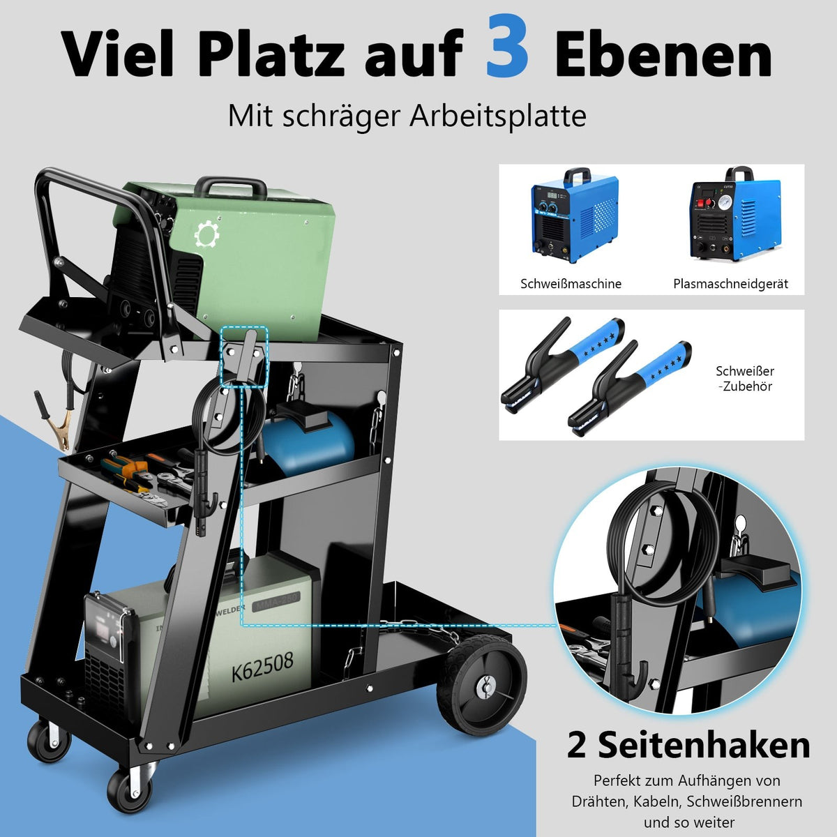 Welding Cart with 3 Shelves and Safety Chains, Black