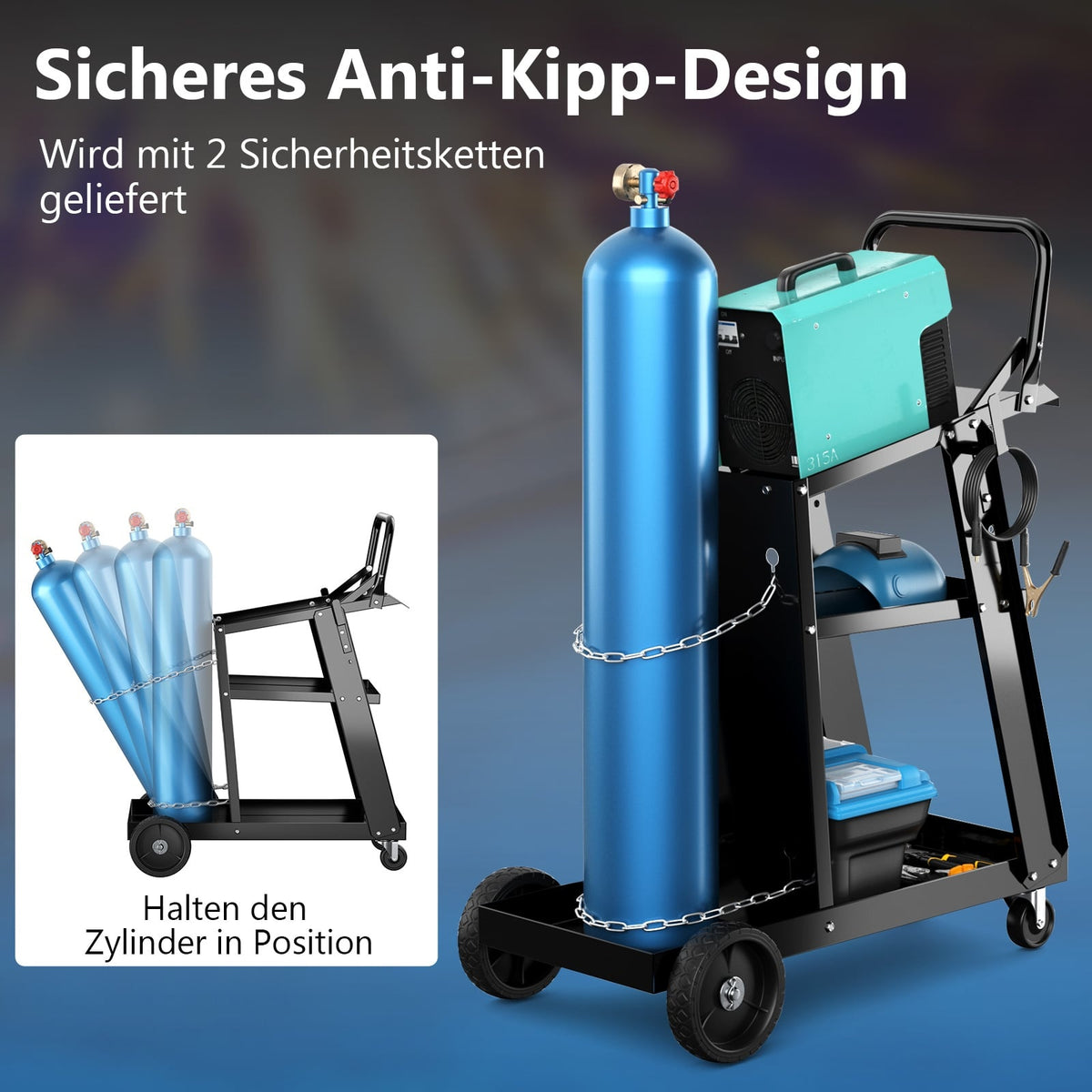 Welding Cart with 3 Shelves and Safety Chains, Black