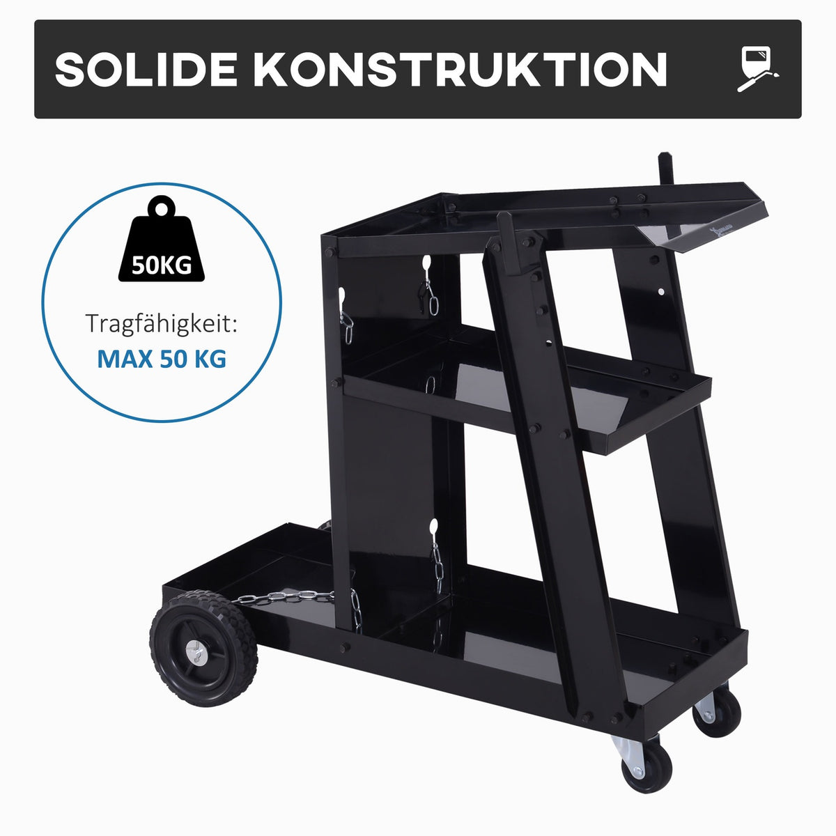 Welding Trolley, Welding Machine Trolley With 3 Shelves, Gas Bottle Trolley, Safety Chain, Black, 71X39X70 Cm