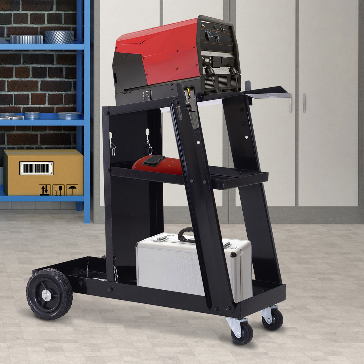 Welding Trolley, Welding Machine Trolley With 3 Shelves, Gas Bottle Trolley, Safety Chain, Black, 71X39X70 Cm