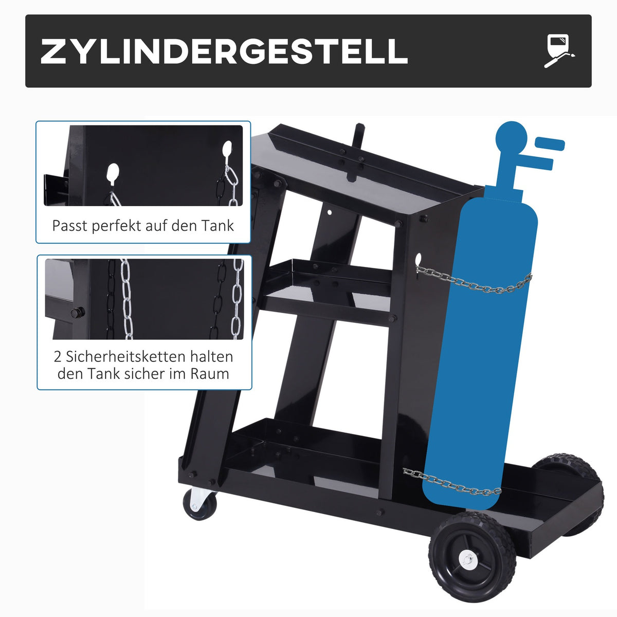 Welding Trolley, Welding Machine Trolley With 3 Shelves, Gas Bottle Trolley, Safety Chain, Black, 71X39X70 Cm