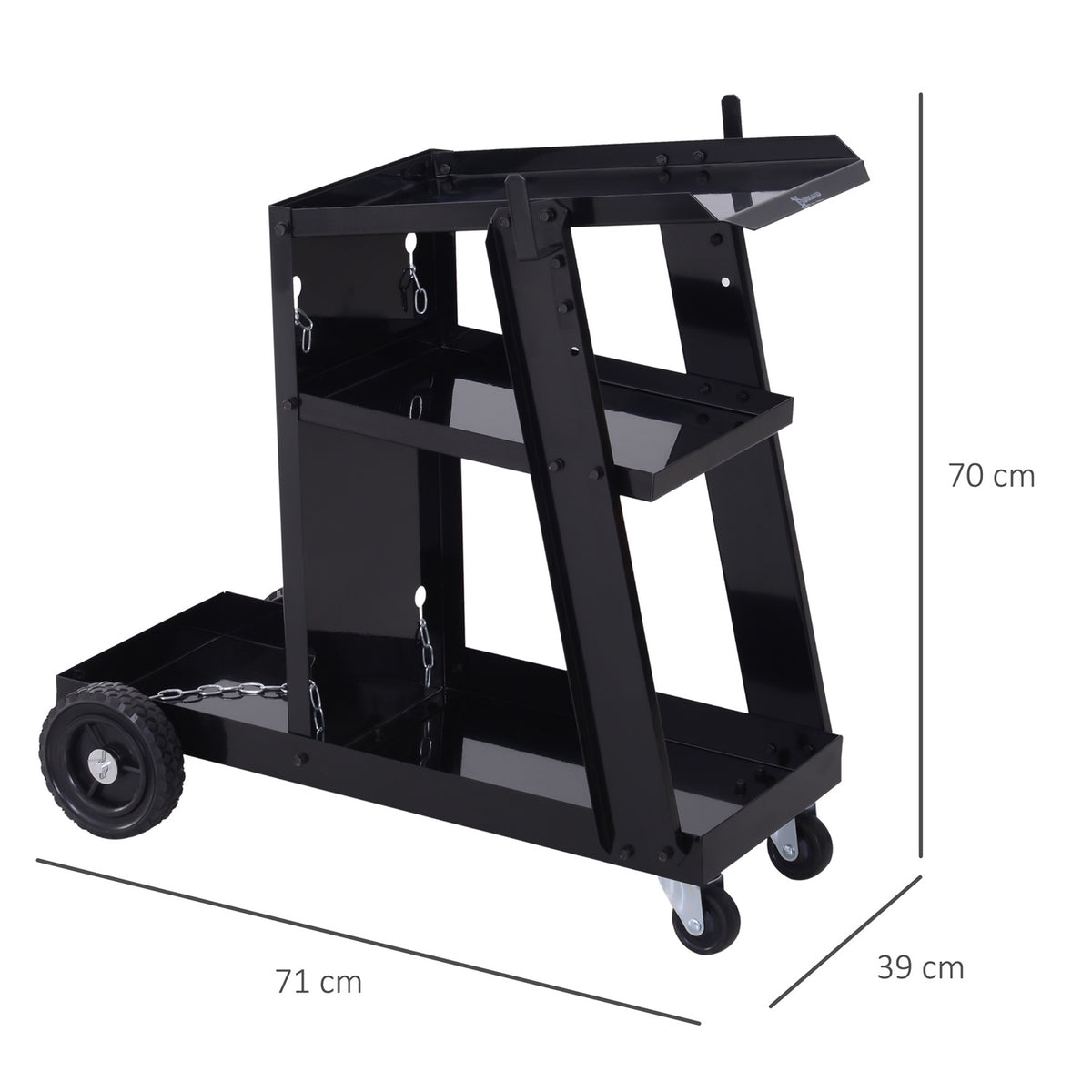 Welding Trolley, Welding Machine Trolley With 3 Shelves, Gas Bottle Trolley, Safety Chain, Black, 71X39X70 Cm