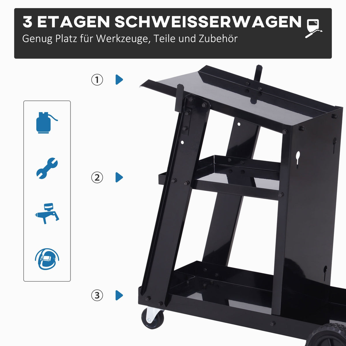 Welding Trolley, Welding Machine Trolley With 3 Shelves, Gas Bottle Trolley, Safety Chain, Black, 71X39X70 Cm