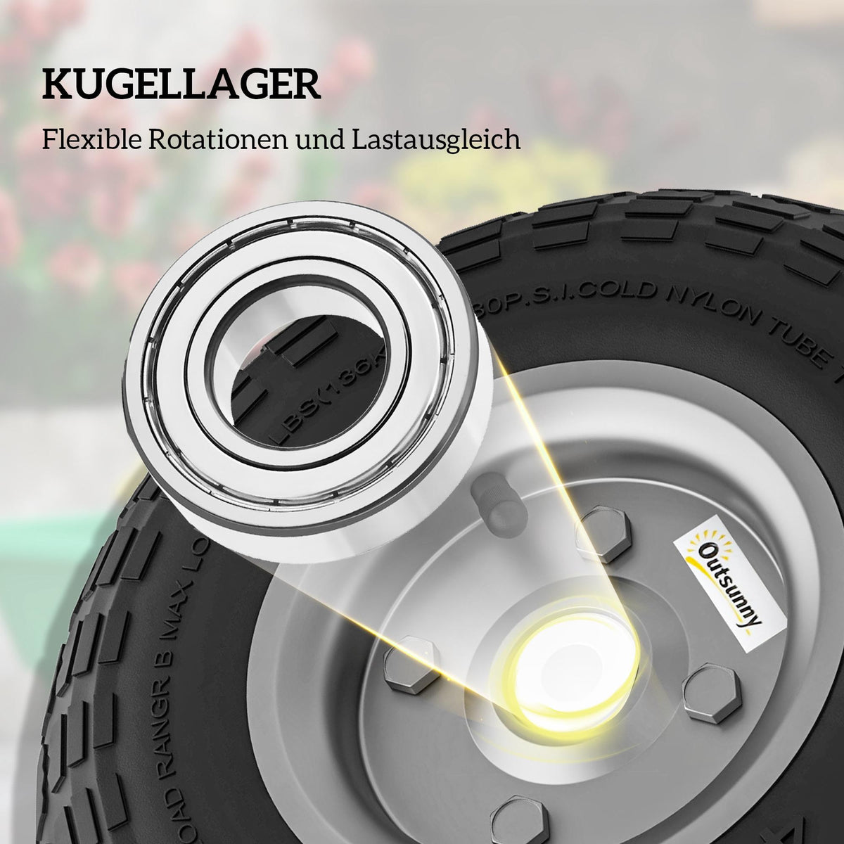 Wheelbarrow Wheel Set of 4, Solid Rubber, 80kg, Ø255mm