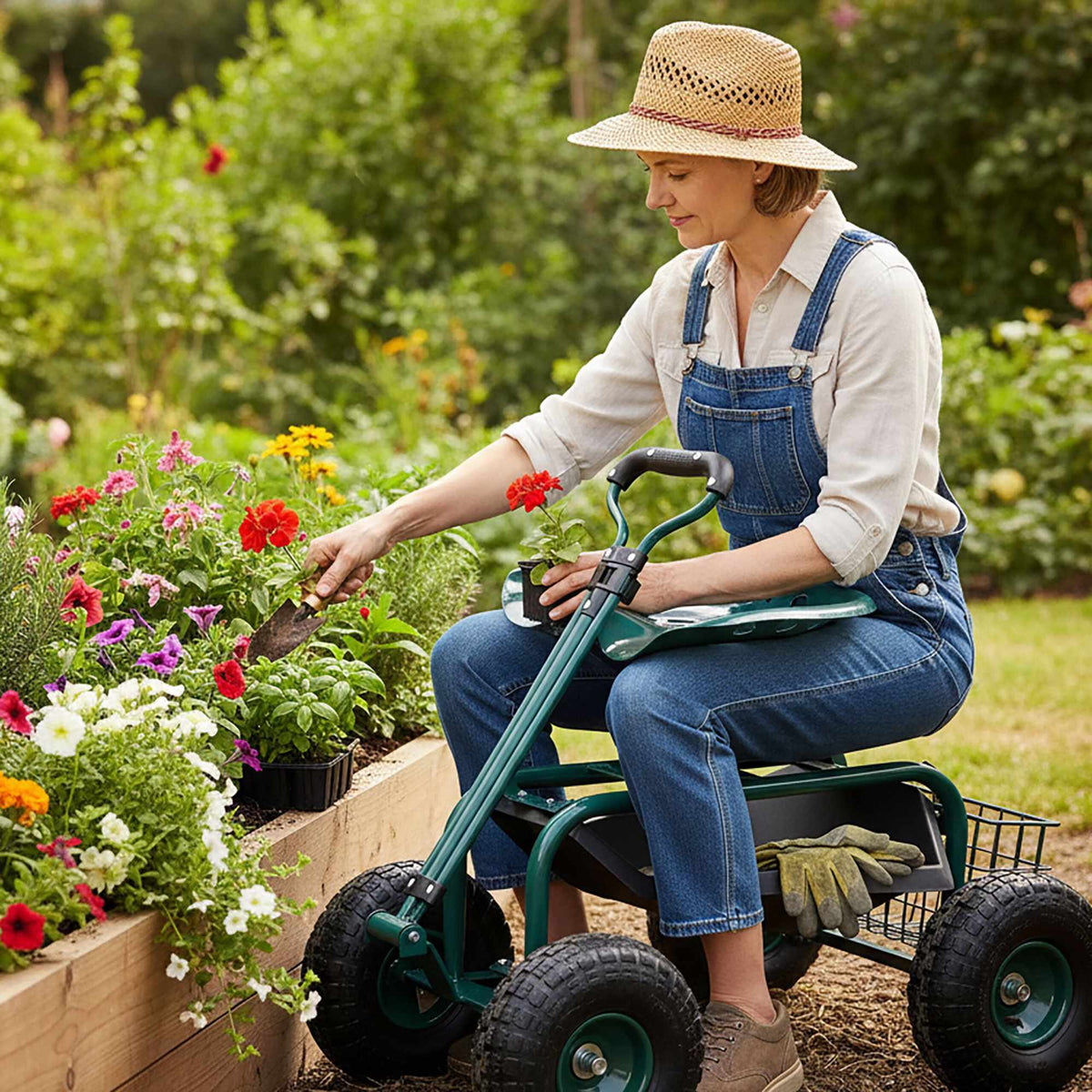 Wheeled Garden Seat with Storage and Adjustable Height