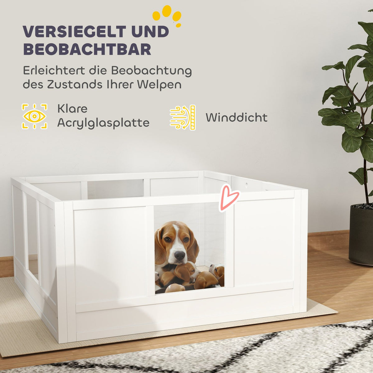 Whelping box for puppies, puppy run with adjustable door, non-slip foot pads, puppy playpen for medium-sized dog breeds, 100 x 96 x 48 cm, white