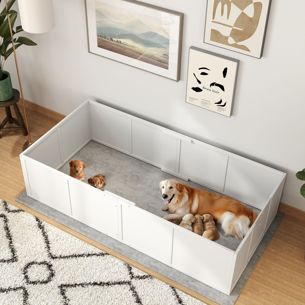 Whelping box for puppies, puppy run with adjustable entrances, non-slip puppy playpen for small to large dogs, 196 x 96 x 48 cm, fir wood, white
