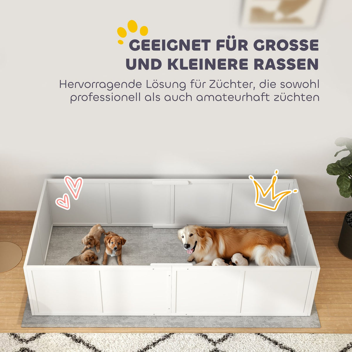 Whelping box for puppies, puppy run with adjustable entrances, non-slip puppy playpen for small to large dogs, 196 x 96 x 48 cm, fir wood, white