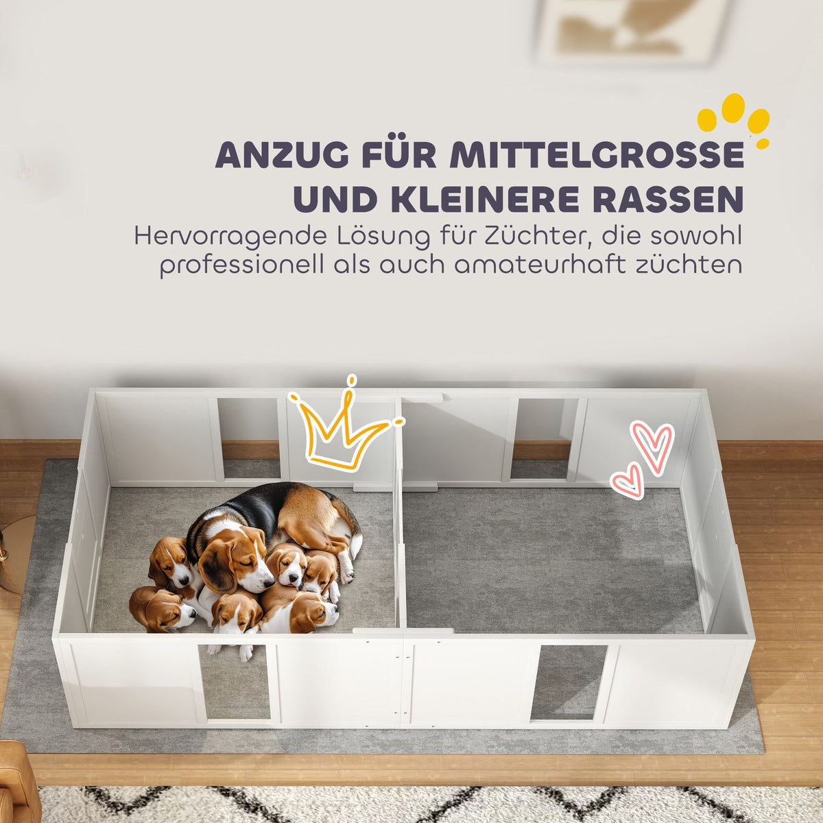 Whelping box for puppies, puppy run with non-slip floor protectors, adjustable door, wooden puppy playpen, for small to medium dogs, 196 x 96 x 48 cm, white