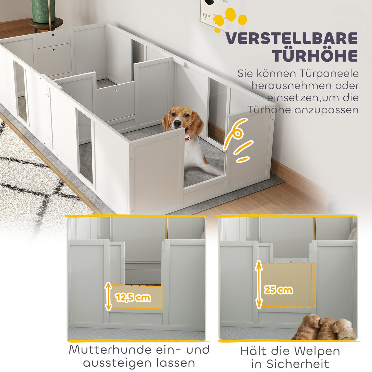 Whelping box for puppies, puppy run with non-slip floor protectors, adjustable door, wooden puppy playpen, for small to medium dogs, 196 x 96 x 48 cm, white