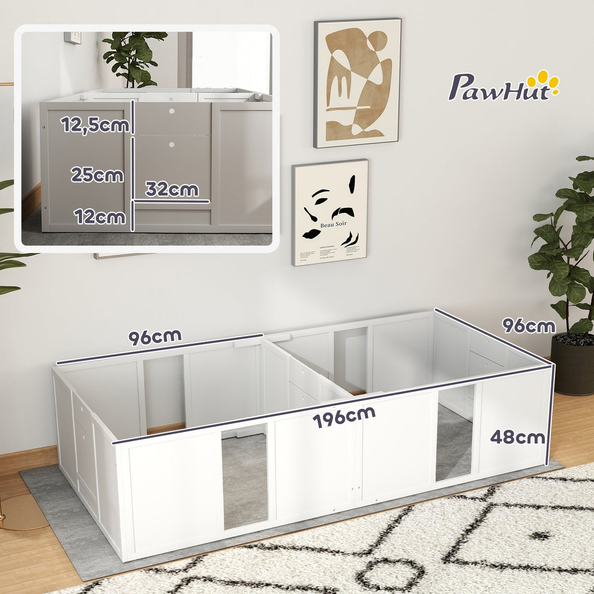 Whelping box for puppies, puppy run with non-slip floor protectors, adjustable door, wooden puppy playpen, for small to medium dogs, 196 x 96 x 48 cm, white