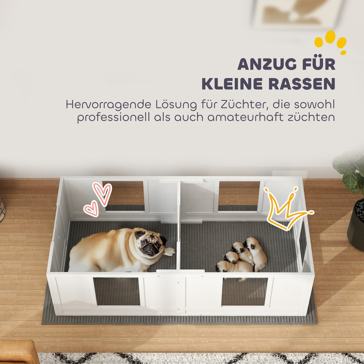 Whelping box for puppies, puppy run with waterproof and washable mat, adjustable door, puppy playpen with 2 room design for small dogs, 164 x 80 x 48 cm, white
