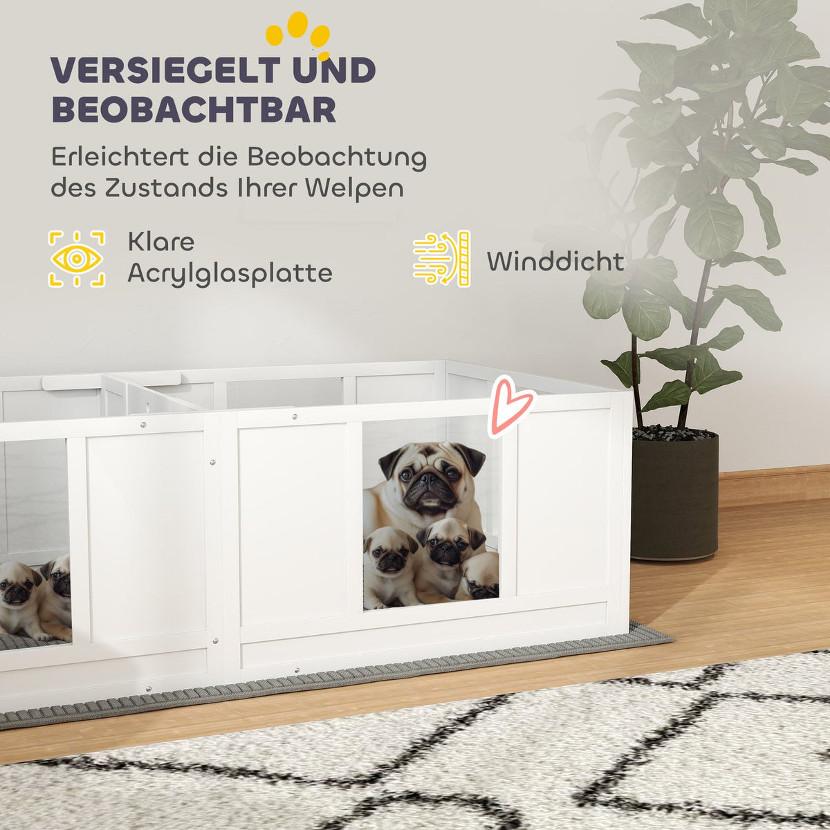 Whelping box for puppies, puppy run with waterproof and washable mat, adjustable door, puppy playpen with 2 room design for small dogs, 164 x 80 x 48 cm, white