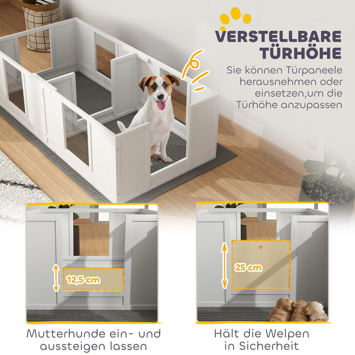 Whelping box for puppies, puppy run with waterproof and washable mat, adjustable door, puppy playpen with 2 room design for small dogs, 164 x 80 x 48 cm, white