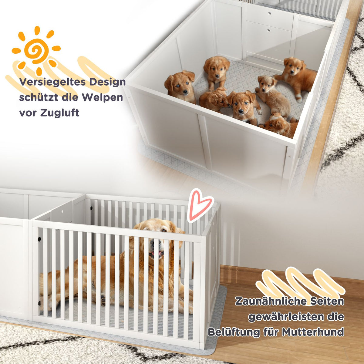 Whelping box for puppies, puppy run with waterproof pee pad, adjustable door, puppy playpen for small to large dog breeds