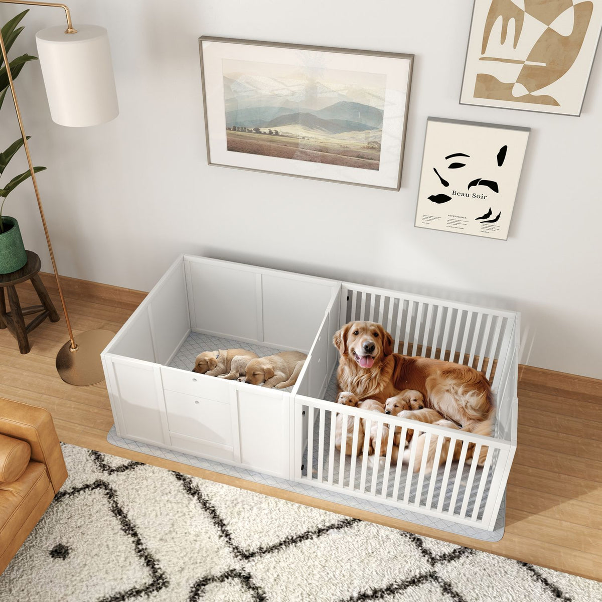 Whelping box for puppies, puppy run with waterproof pee pad, adjustable door, puppy playpen for small to large dog breeds
