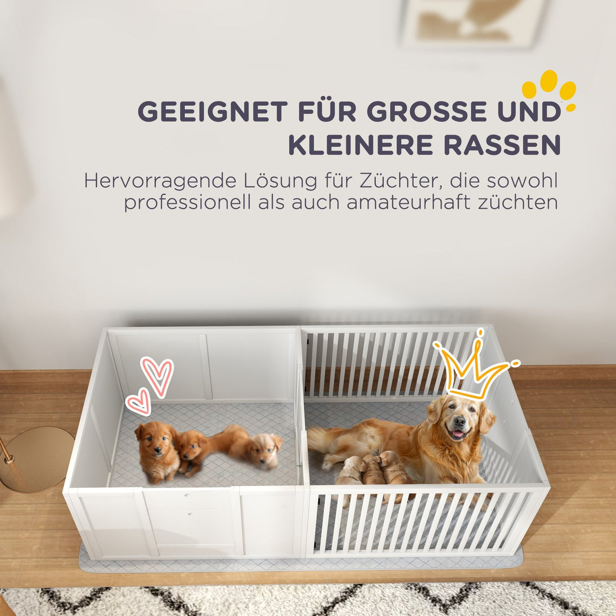 Whelping box for puppies, puppy run with waterproof pee pad, adjustable door, puppy playpen for small to large dog breeds