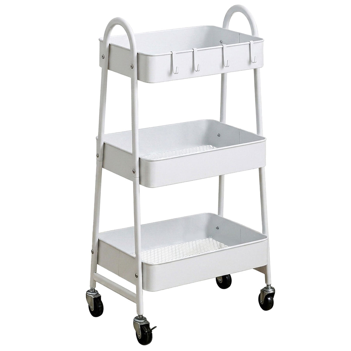 White 3-Tier Storage Trolley with Hooks & Wheels