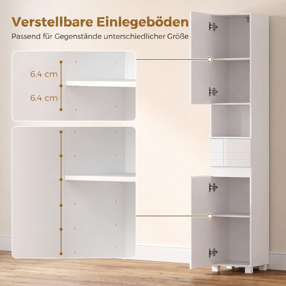 White Bathroom Cabinet with Adjustable Shelves, 30x30x170 cm
