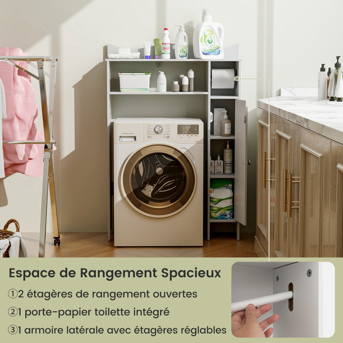 White Bathroom Cabinet with Toilet Paper Holder & Shelves